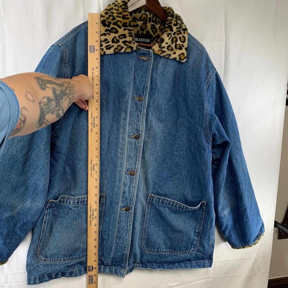 Braefair Denim Jacket Womens 1X Blue Leopard Faux Fur Lined Chore Coat Vintage - Picture 8 of 12
